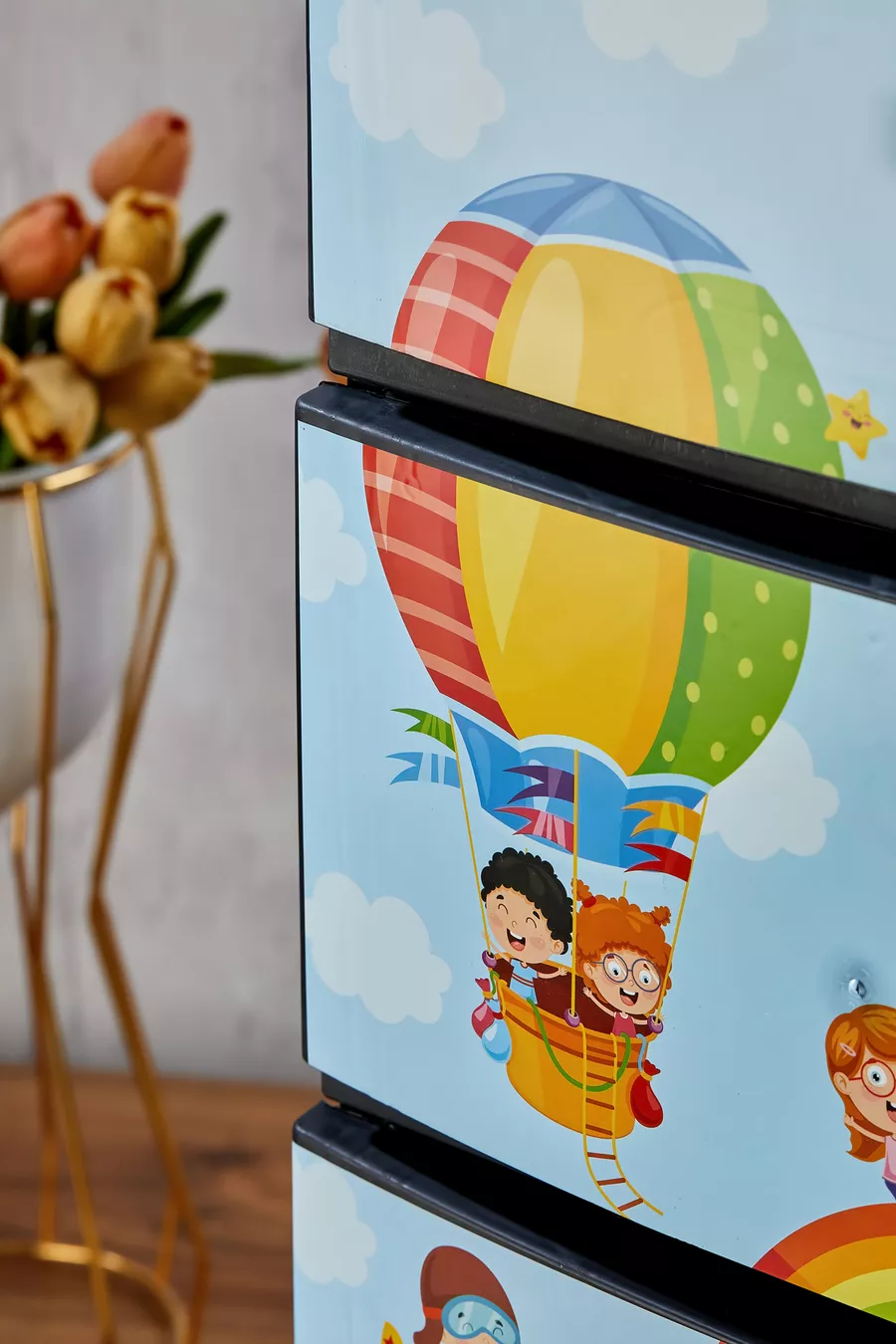 4-Tier Drawer Plastic Nightstand with Children’s Pattern Print Cover - Toy Storage - Toy Basket
