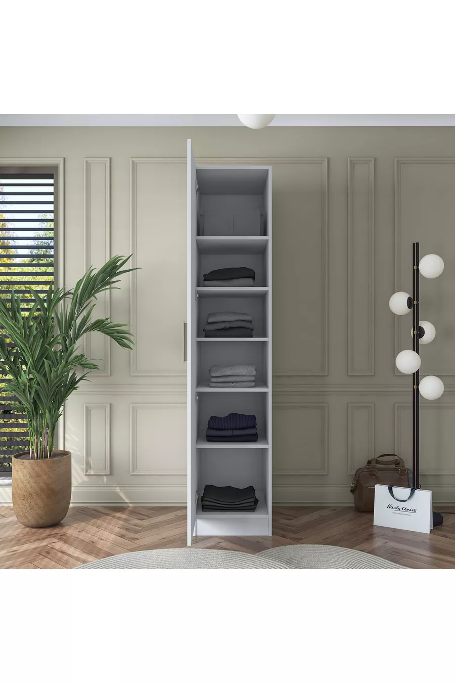 Rani  Kleiderschrank mit einer Tür und 5 Regalen Weiß