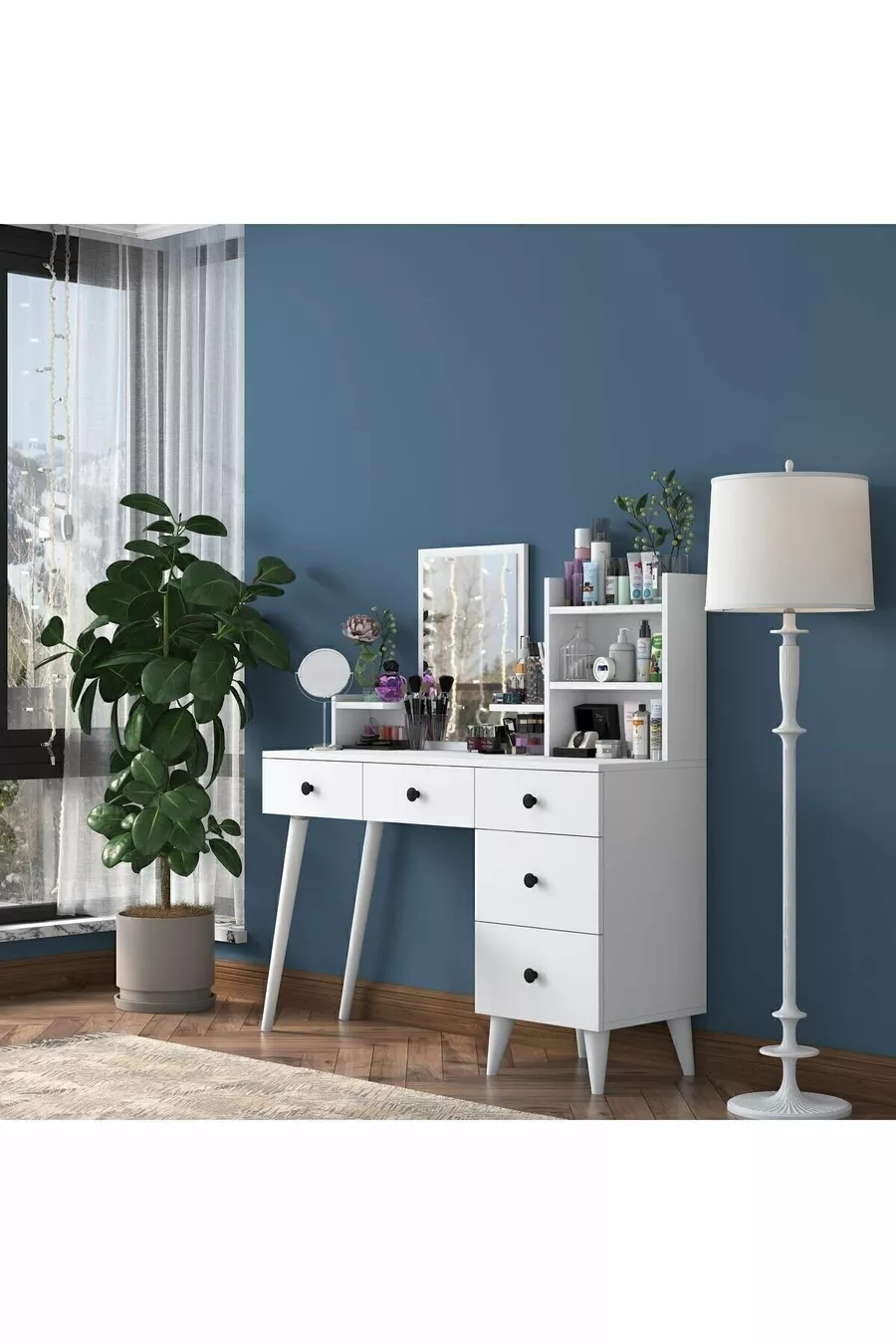 Coiffeuse avec miroir et 5 tiroirs, étagère pour bijoux, blanche
