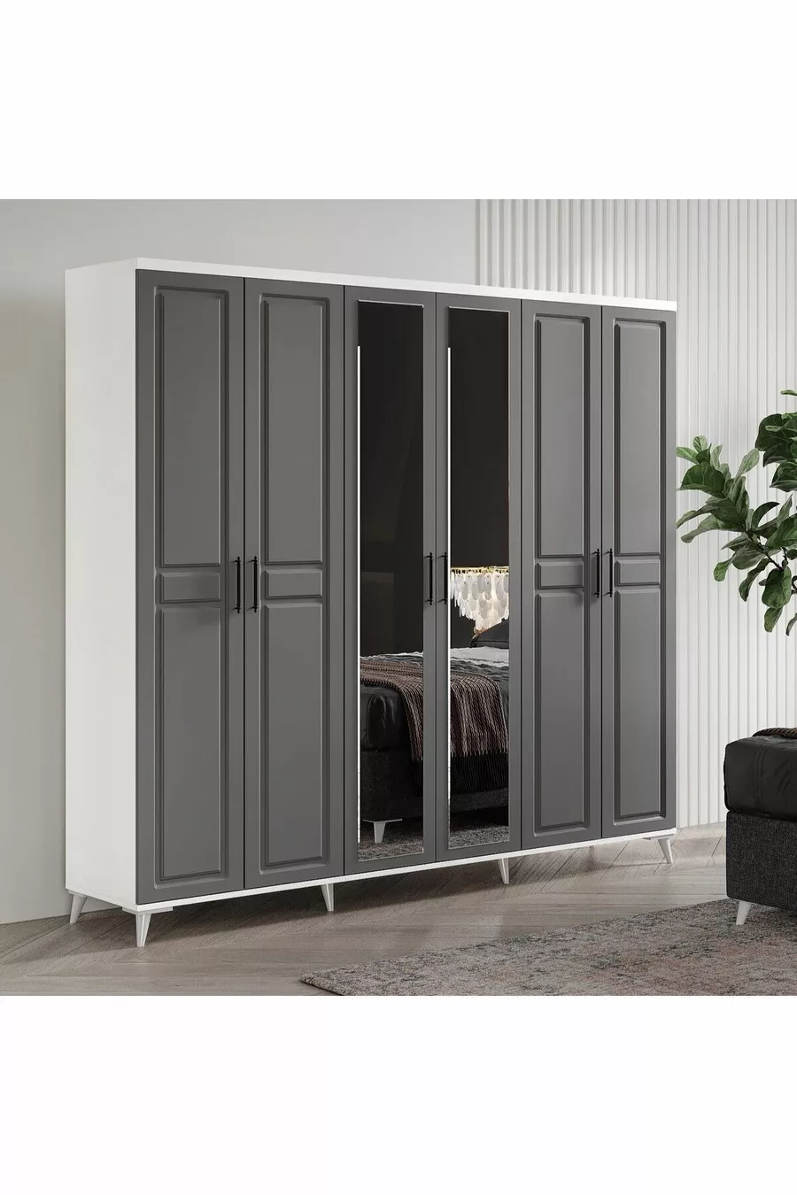 Ensemble de chambre à coucher complet en MDF Sport avec 6 portes, anthracite-blanc, incluant le sommier
