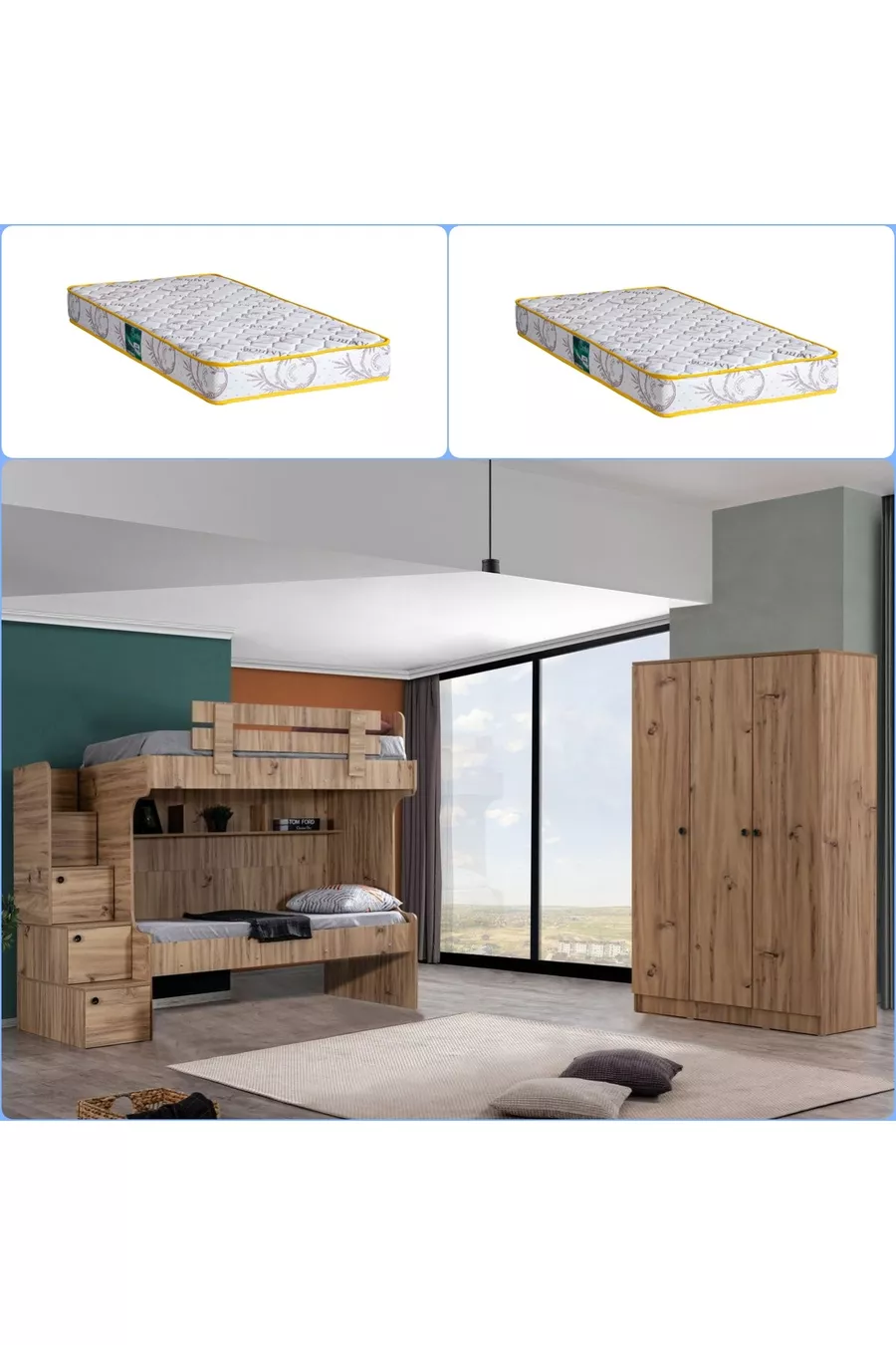 Lits superposés, Lit superposé Viva 2 places avec armoire 3 portes + 2 matelas confort