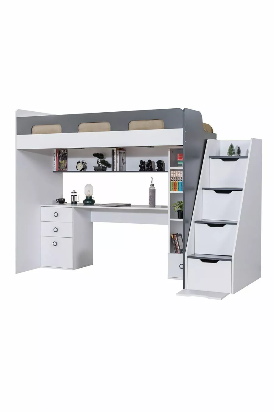 Lit superposé, bureau et bibliothèque Troya - Anthracite, 1 matelas Confort
