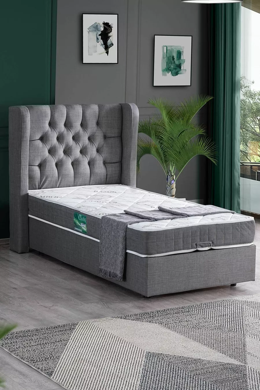 Riga Double Set, Single Bed Base and Headboard Set, Grey