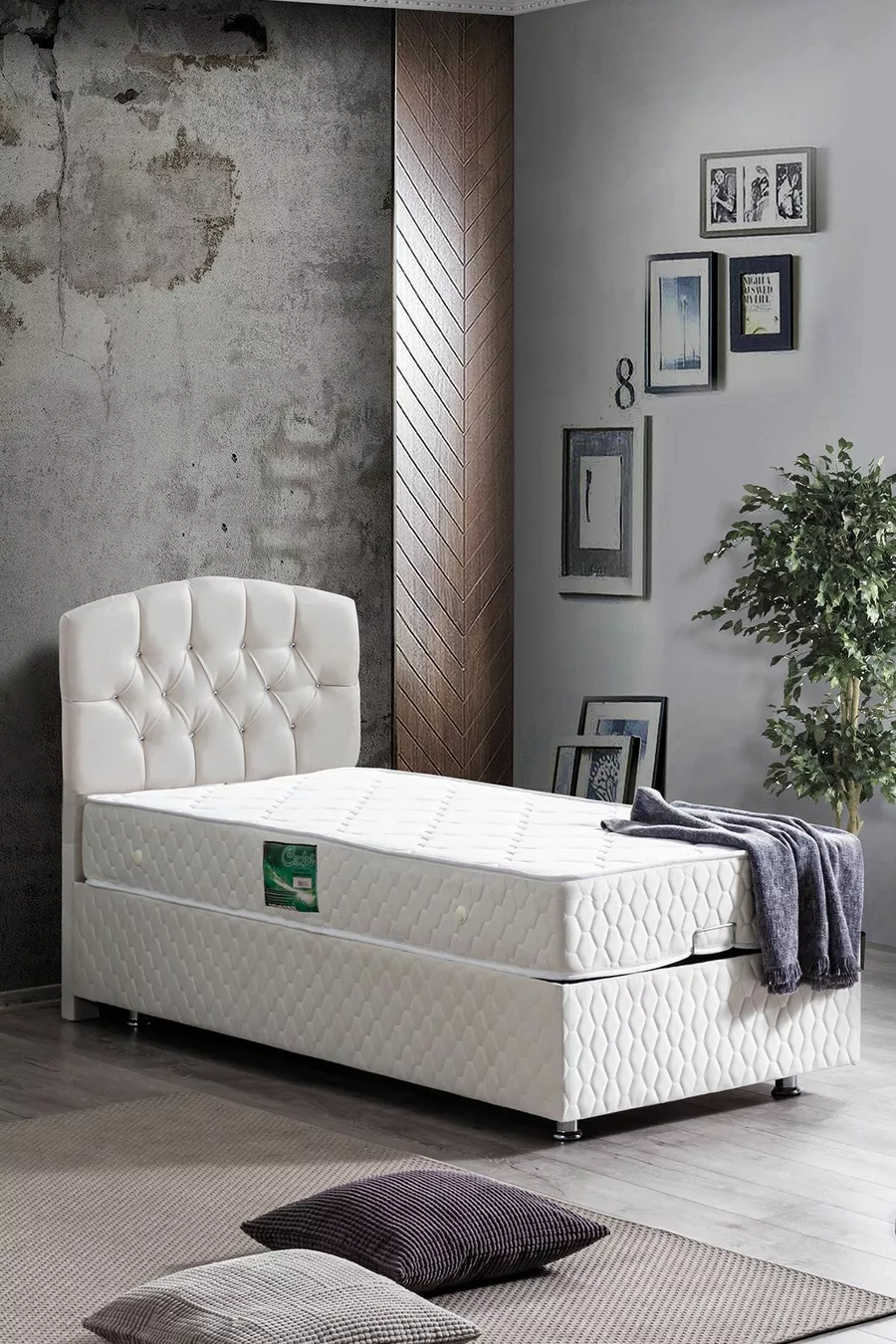 Tête de lit Efes, Ensemble de lit Comfort, Crème