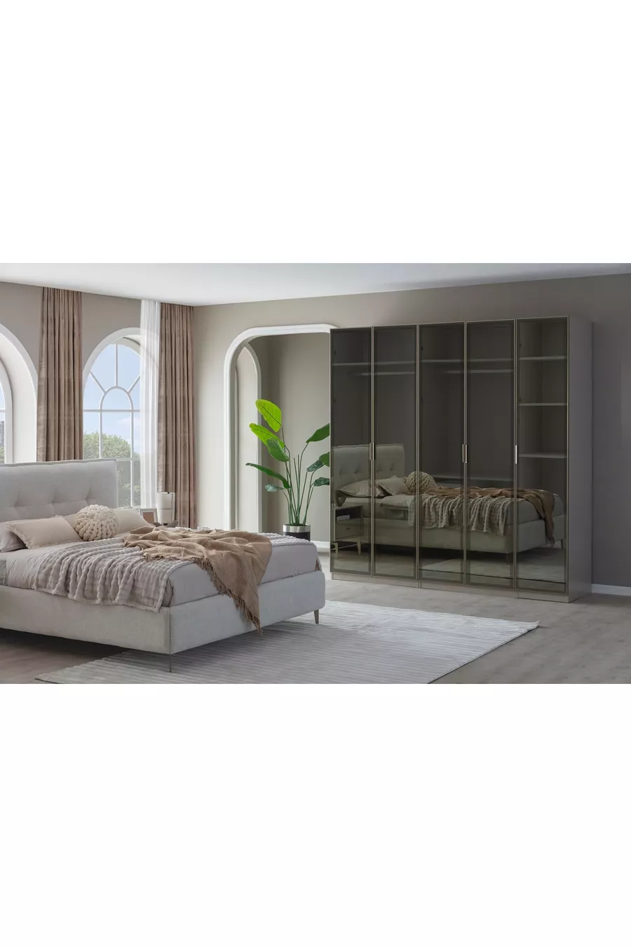 ENSEMBLE DE CHAMBRE PANDOR NOX AVEC VERRE, CRÈME, 5 PORTES