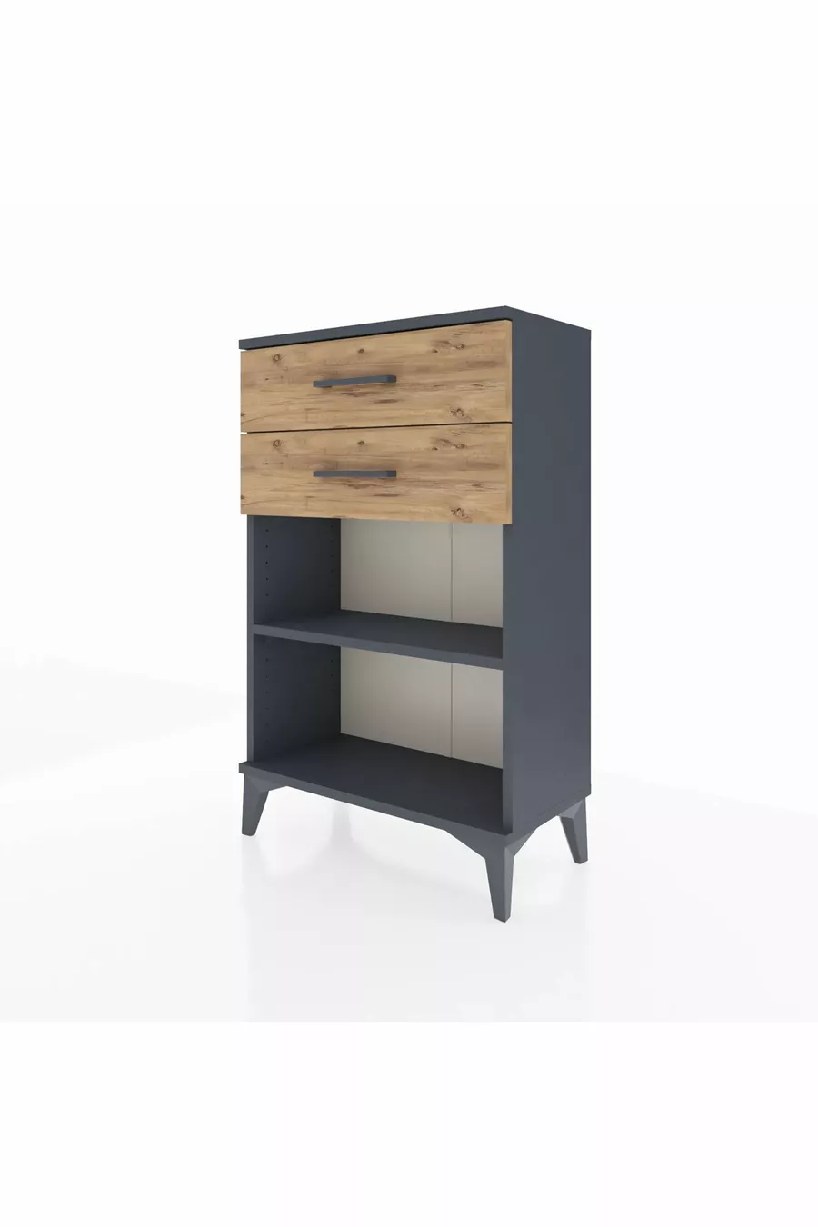 Chevet Arges à une étagère et deux tiroirs Anthracite-Pin