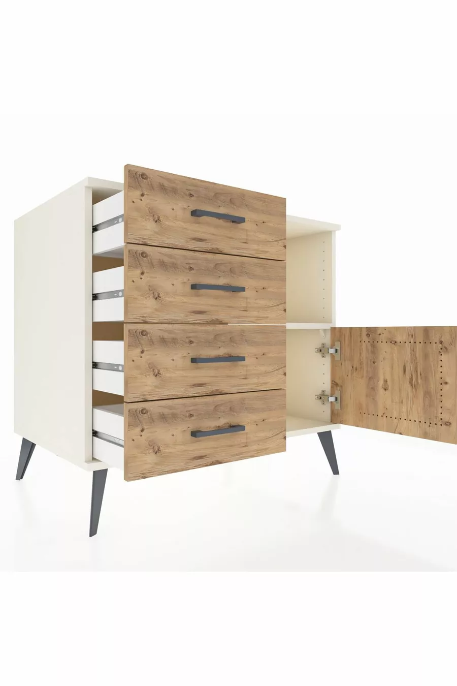 Commode Kronos avec une étagère, 4 tiroirs et une porte, Pierre de Lune-Pin