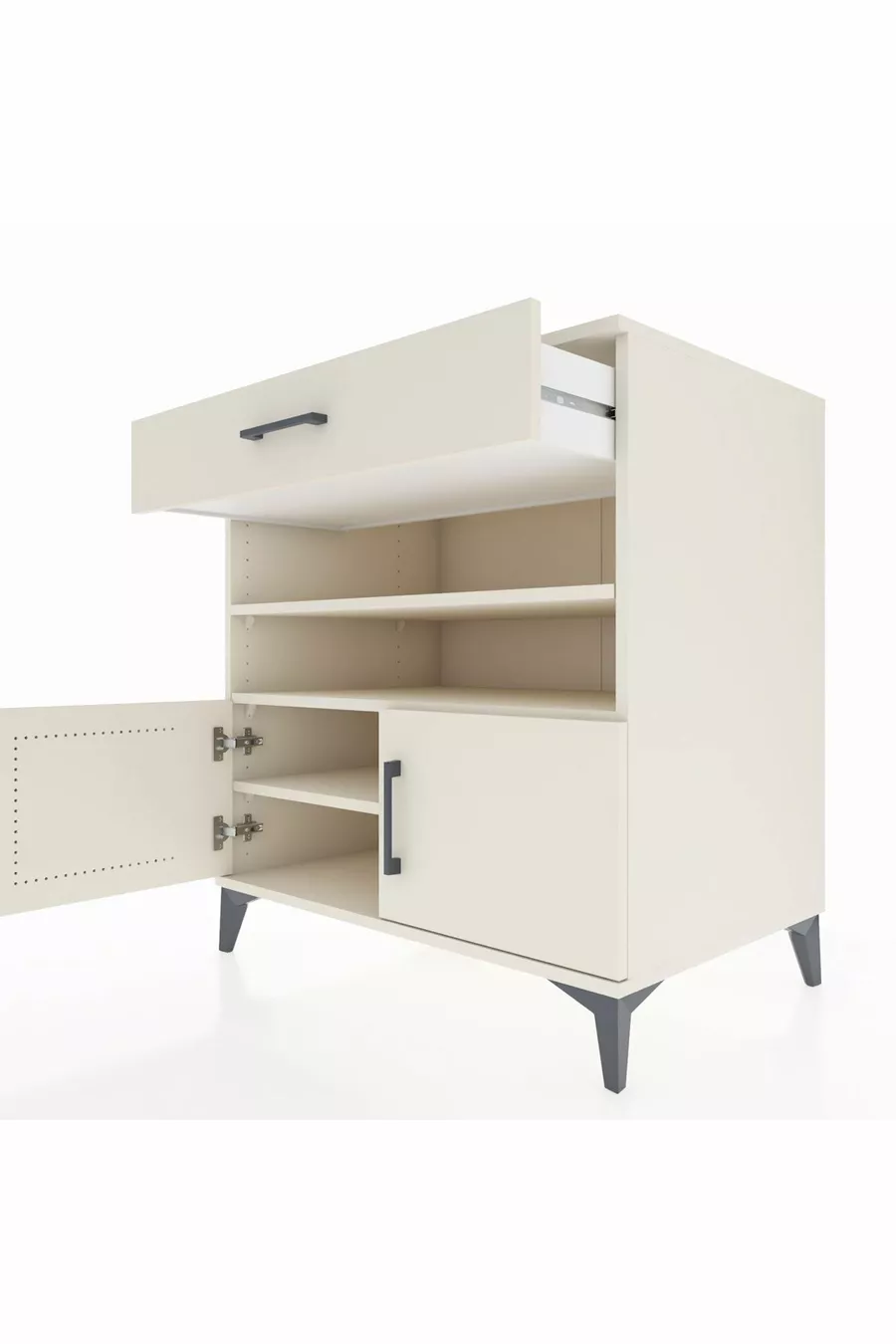 Commode Kronos avec 3 étagères, 1 tiroir et 2 portes, Pierre de Lune-Pier de Lune