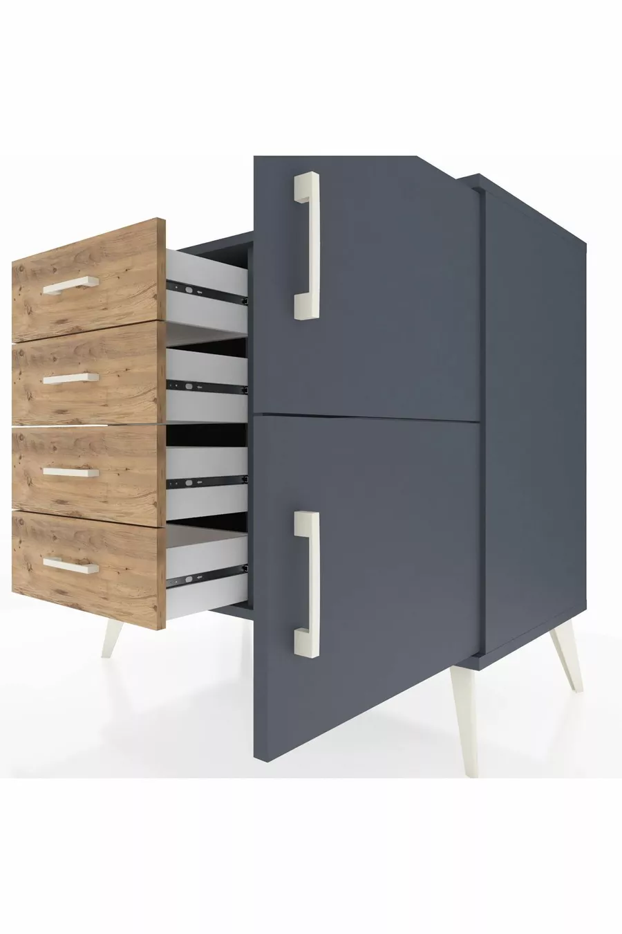 Commode Hyperion à une étagère, 4 tiroirs et 2 portes Anthracite-Anthracite/Sapin
