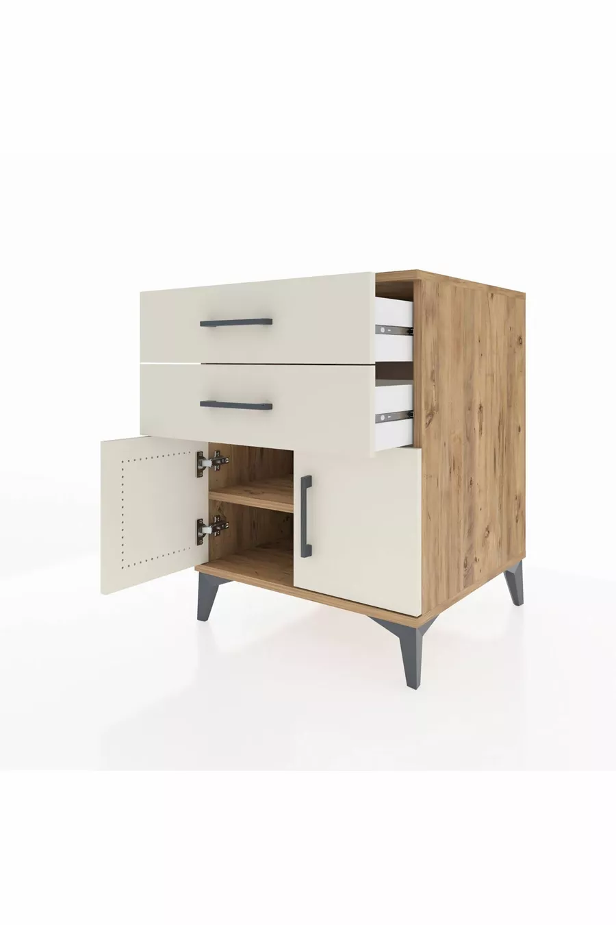 Kronos Table de chevet avec une étagère, 2 tiroirs et 2 portes, pin-pierre d'ardoise