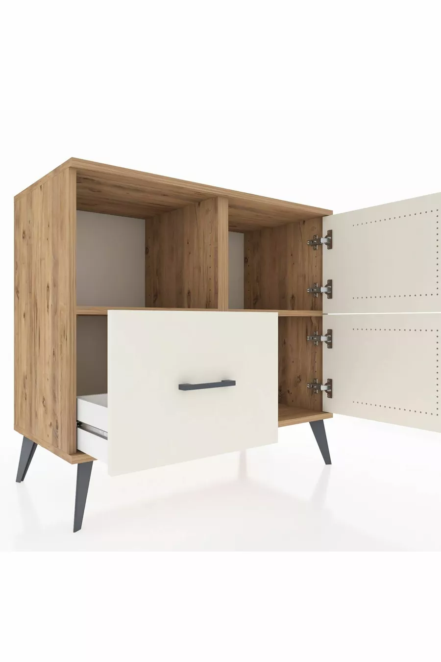 Commode Hyperion avec 2 étagères, 1 tiroir et 2 portes, en pin-pierre d'ardoise