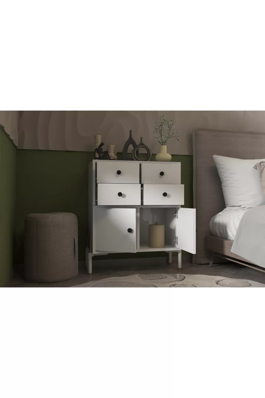 Commode modulaire à 4 tiroirs + 2 portes – Pieds en métal, rangement polyvalent