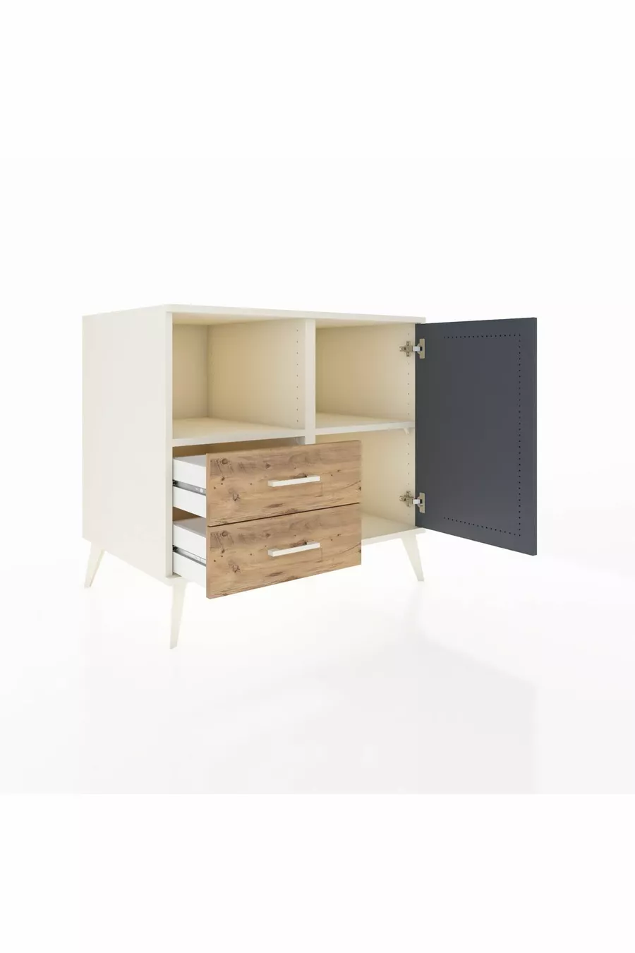 Commode Kronos à 2 étagères, 2 tiroirs, 1 porte, Pierre de lune-Anthracite/Pin