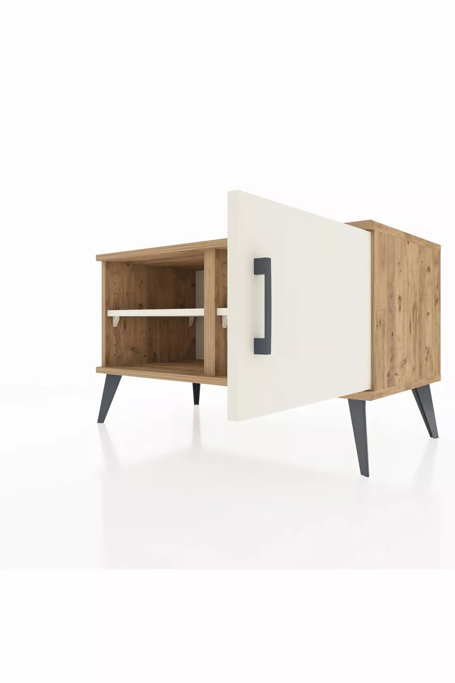 Commode Hyperion à 2 étagères avec porte unique en pin et travertin