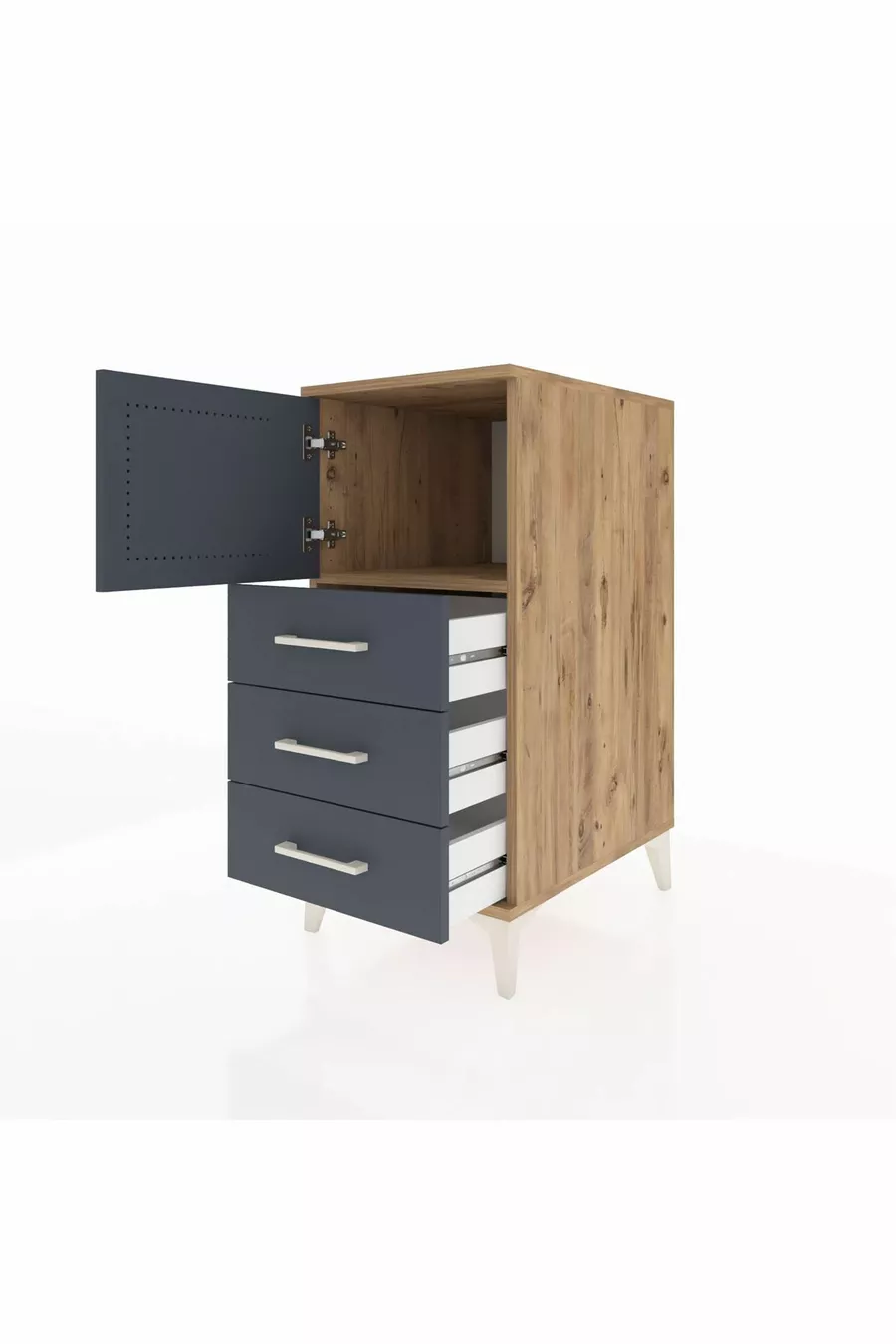 Table de chevet Kronos avec une étagère, 3 tiroirs et une porte, pin-anthracite