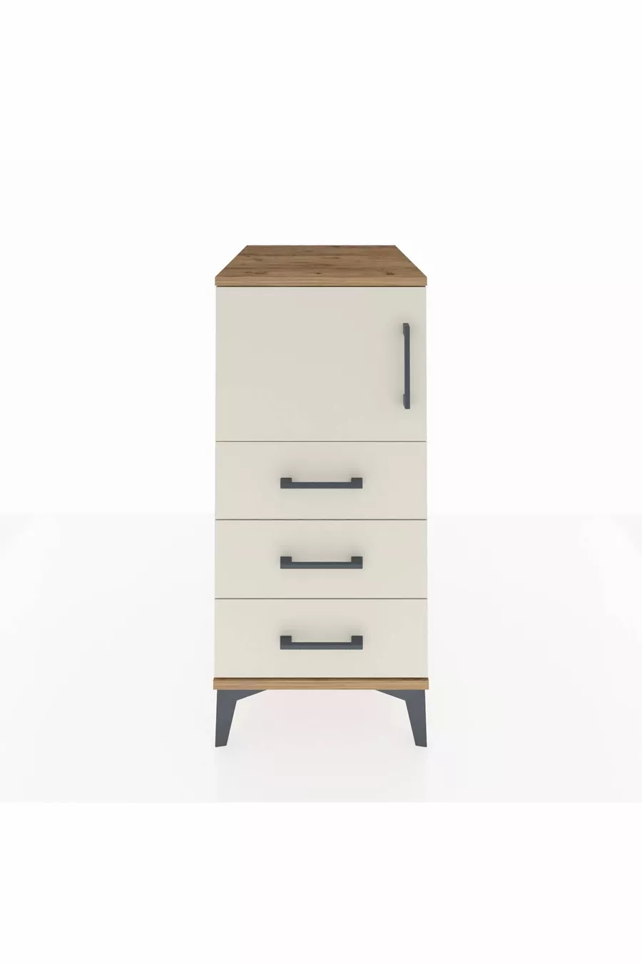Table de chevet Kronos avec une étagère, 3 tiroirs et une porte, pin-gris