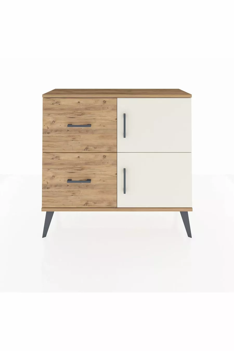 Commode Arges avec une seule étagère, 2 tiroirs et 2 portes, en pin-pierre d'âme/pin