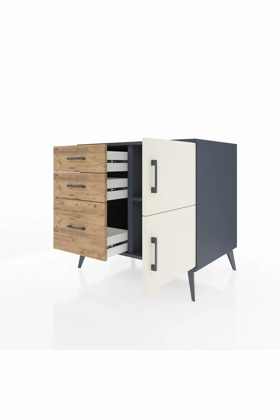 Commode Kronos à une étagère, 3 tiroirs, 2 portes, anthracite-pierre grise/pin