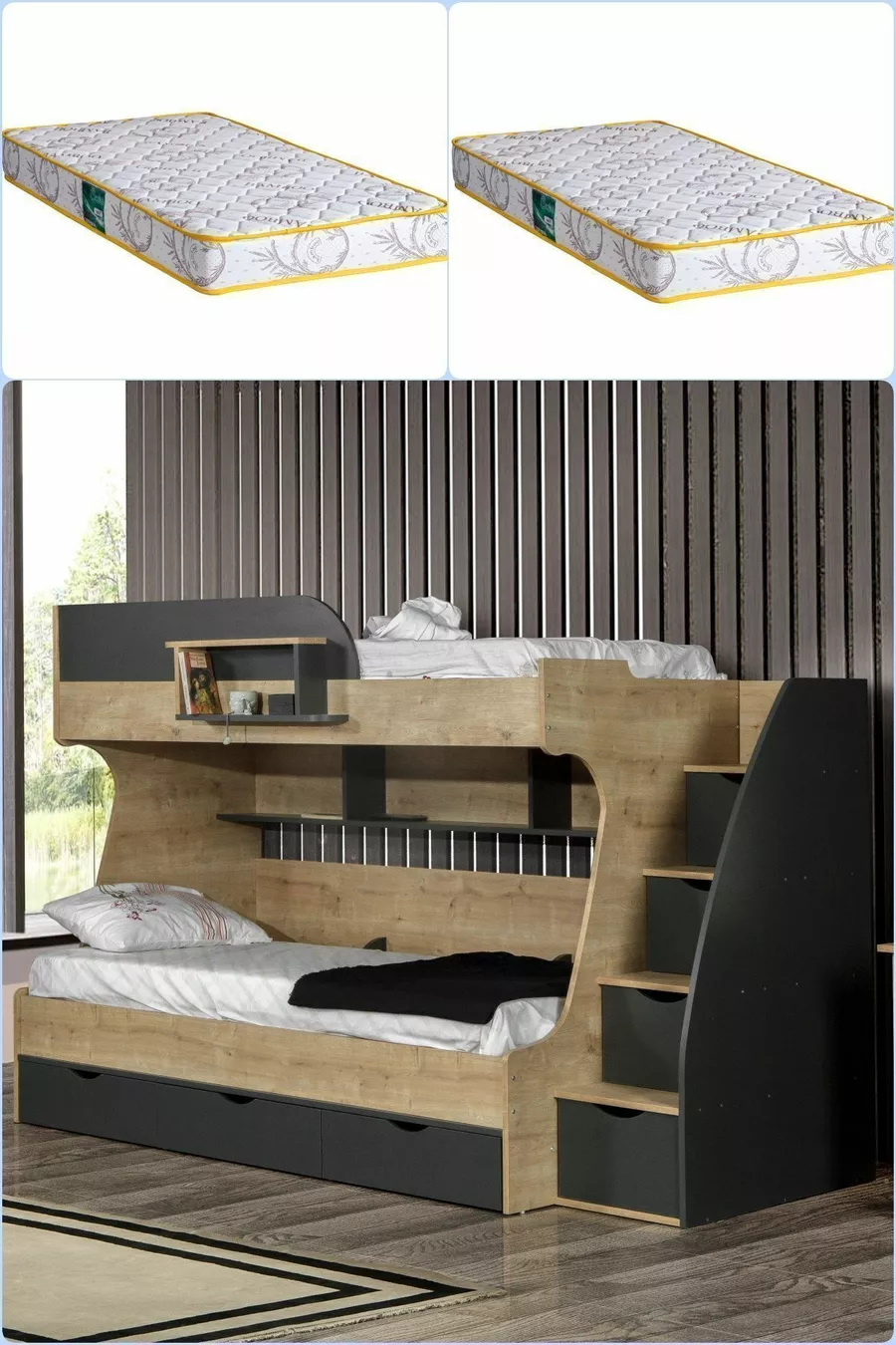 Lit superposé Ranza, lit superposé Truva avec tiroirs, 2 matelas Comfort