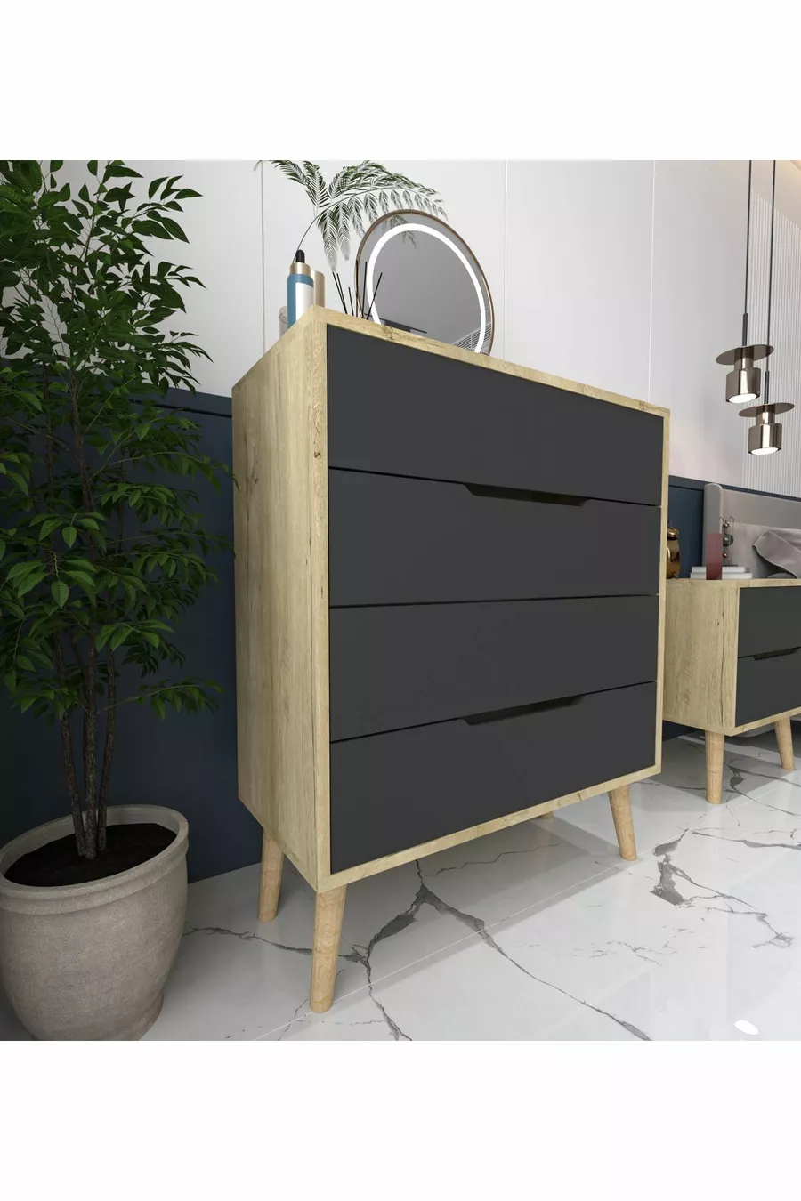 Flora Commode 4 tiroirs Chambre à coucher Chambre bébé Chêne Saphir-Anthracite