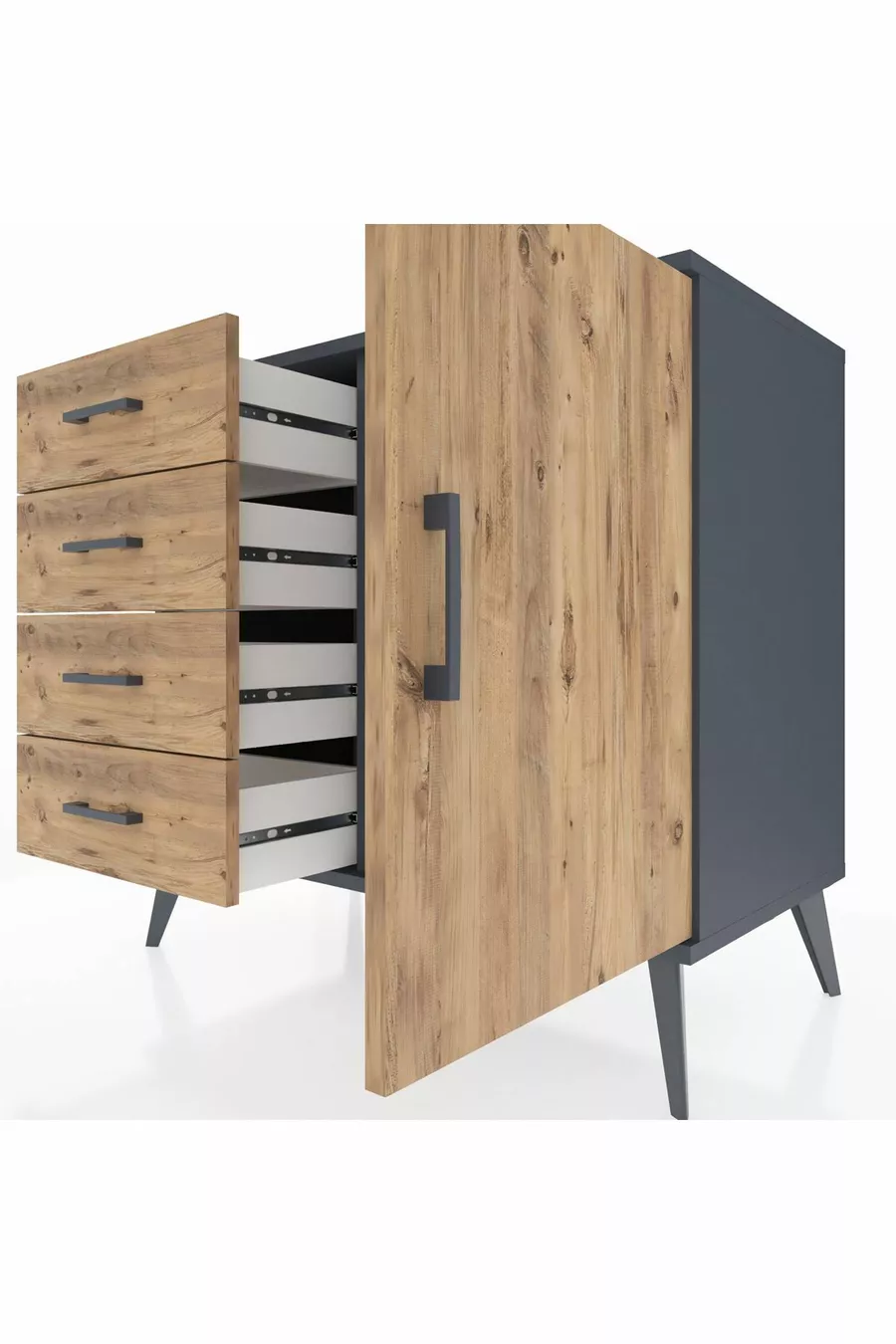Commode Hyperion à une étagère, 4 tiroirs et une porte, Anthracite-Bois de pin