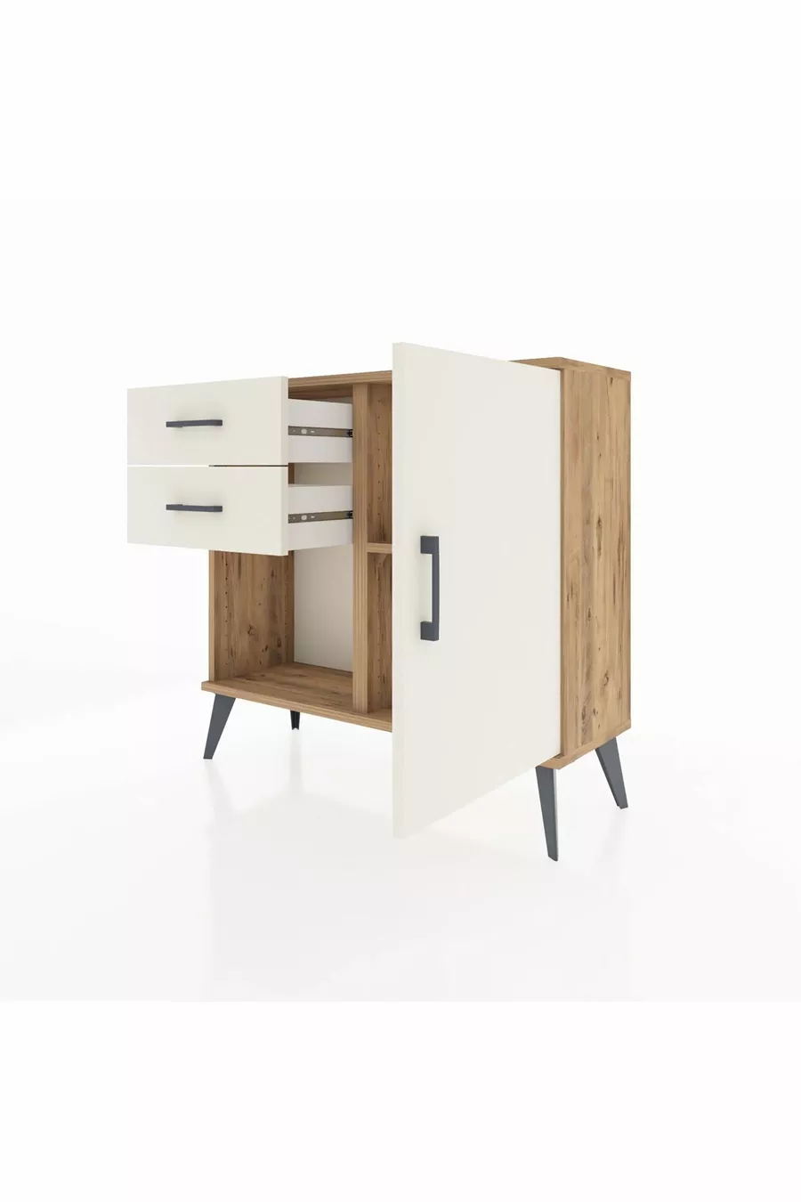 Commode Arges à une étagère, 2 tiroirs et une porte, pin et pierre de l'ay