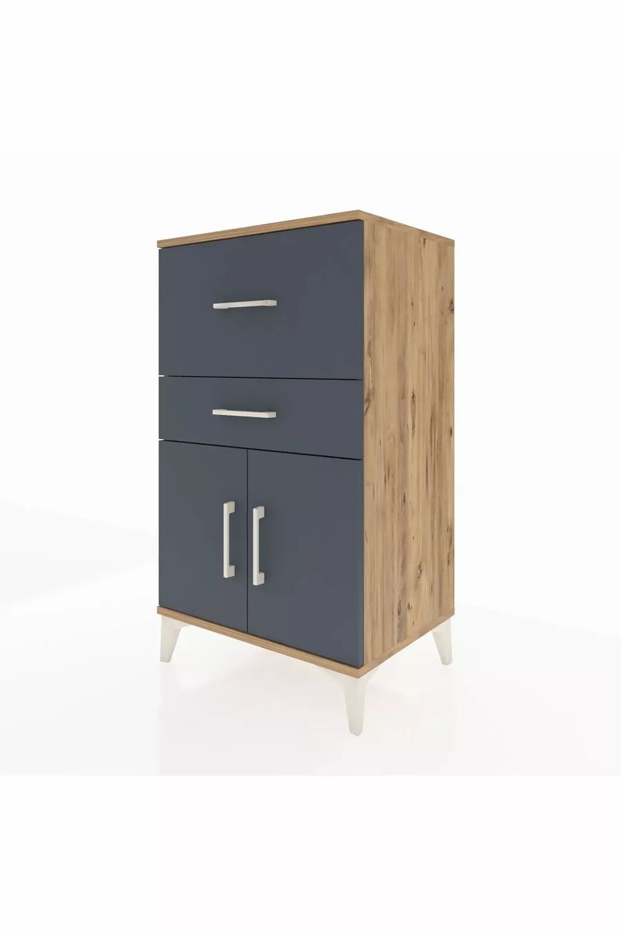 Table de chevet Hyperion avec une étagère, 2 tiroirs et 2 portes, pin-anthracite