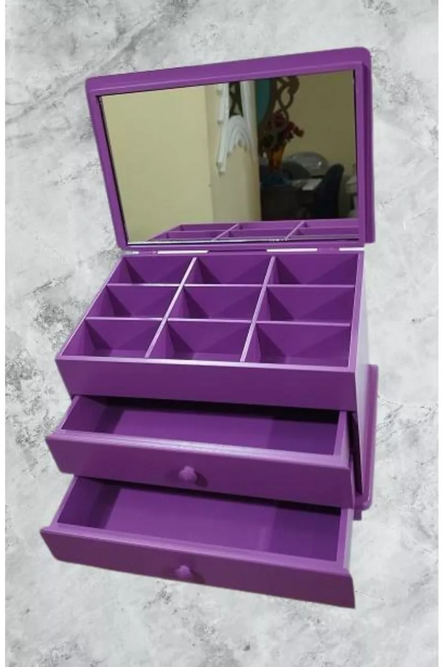 Hobi ERDL Bijoux Maquillage Commode 2 Tiroirs Miroir Brillant Violet Bois MDF Fait Main