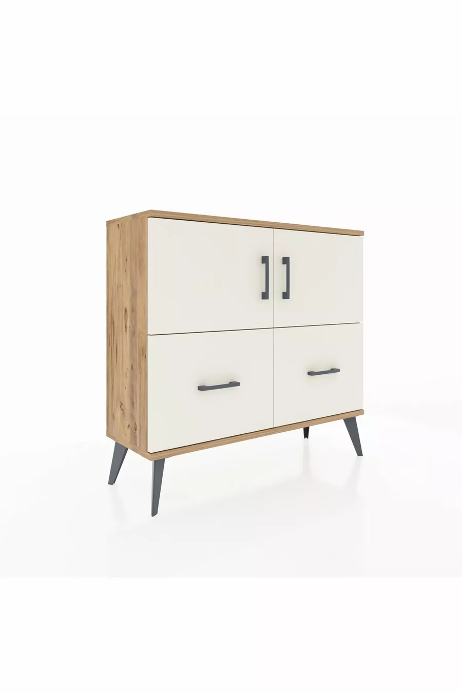 Commode Arges avec 2 étagères, 2 tiroirs et 2 portes, en pin et pierre d'onyx