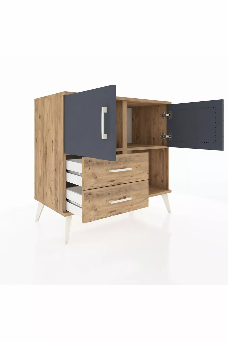 Commode Hyperion avec 2 étagères, 2 tiroirs, 2 portes, pin-anthracite/pin