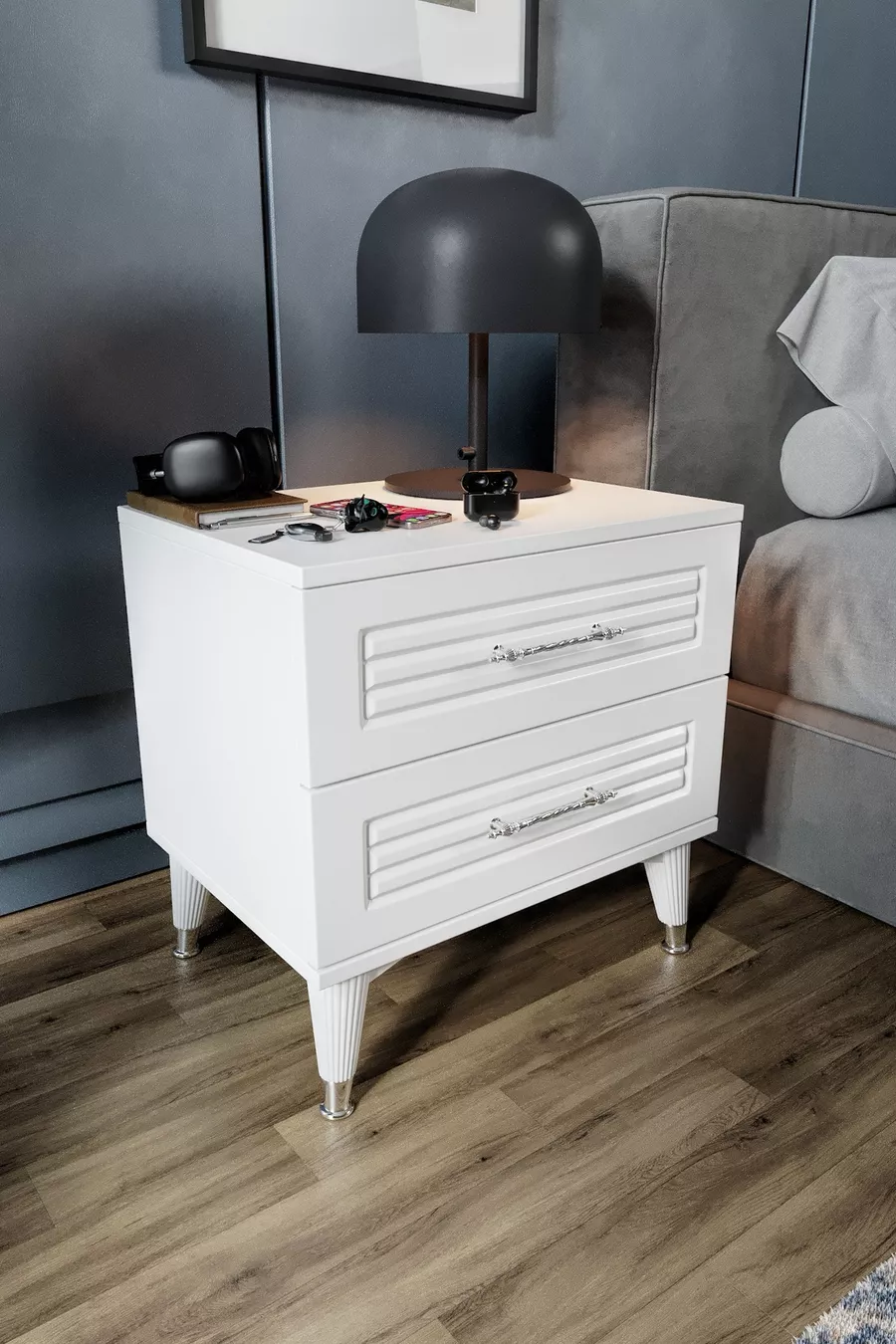 Table de chevet à 2 tiroirs avec volets Blanc Argent