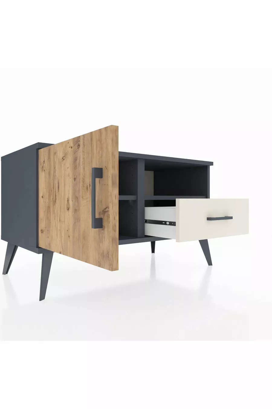 Commode Hyperion avec 2 étagères, 1 tiroir et 1 porte, Anthracite-Sapin/Pierre de lune