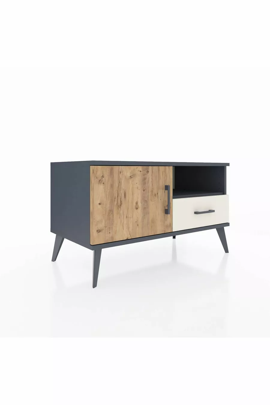 Commode Hyperion avec 2 étagères, 1 tiroir et 1 porte, Anthracite-Sapin/Pierre de lune