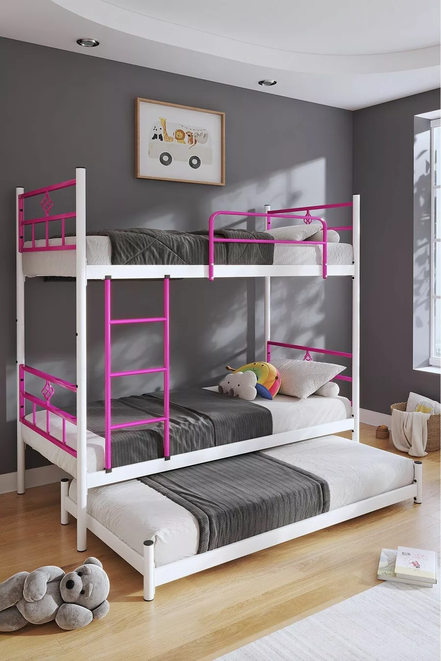 Koza Etagenbett mit Bettfunktion für 3 Personen, Dunkelrosa Metallbett