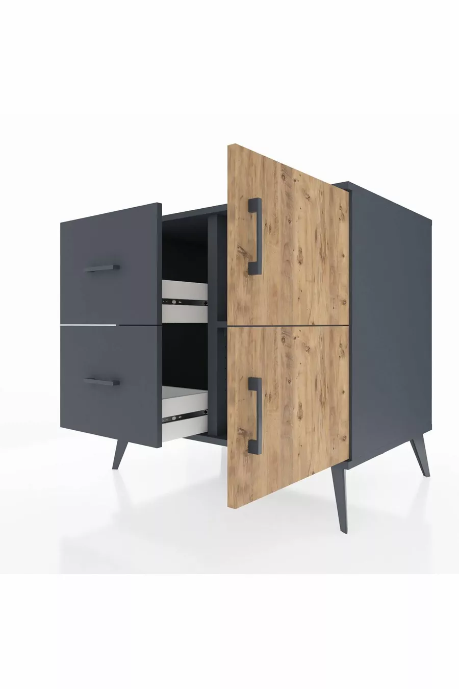 Kronos Comodino con un Ripiano, 2 Cassetti e 2 Ante, Antracite-Pino/Antracite