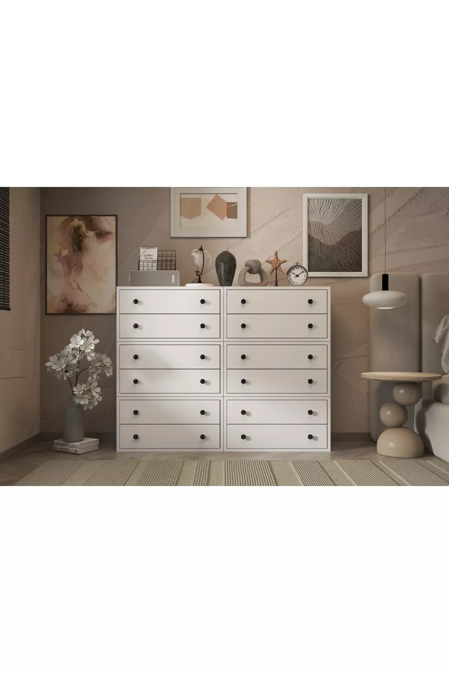 Twelve-Drawer White Dresser with Shelves, Without Strips