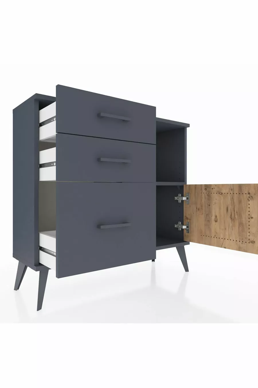 Commode Arges avec une seule étagère, 3 tiroirs et une porte unique Anthracite-Sapin/Anthracite