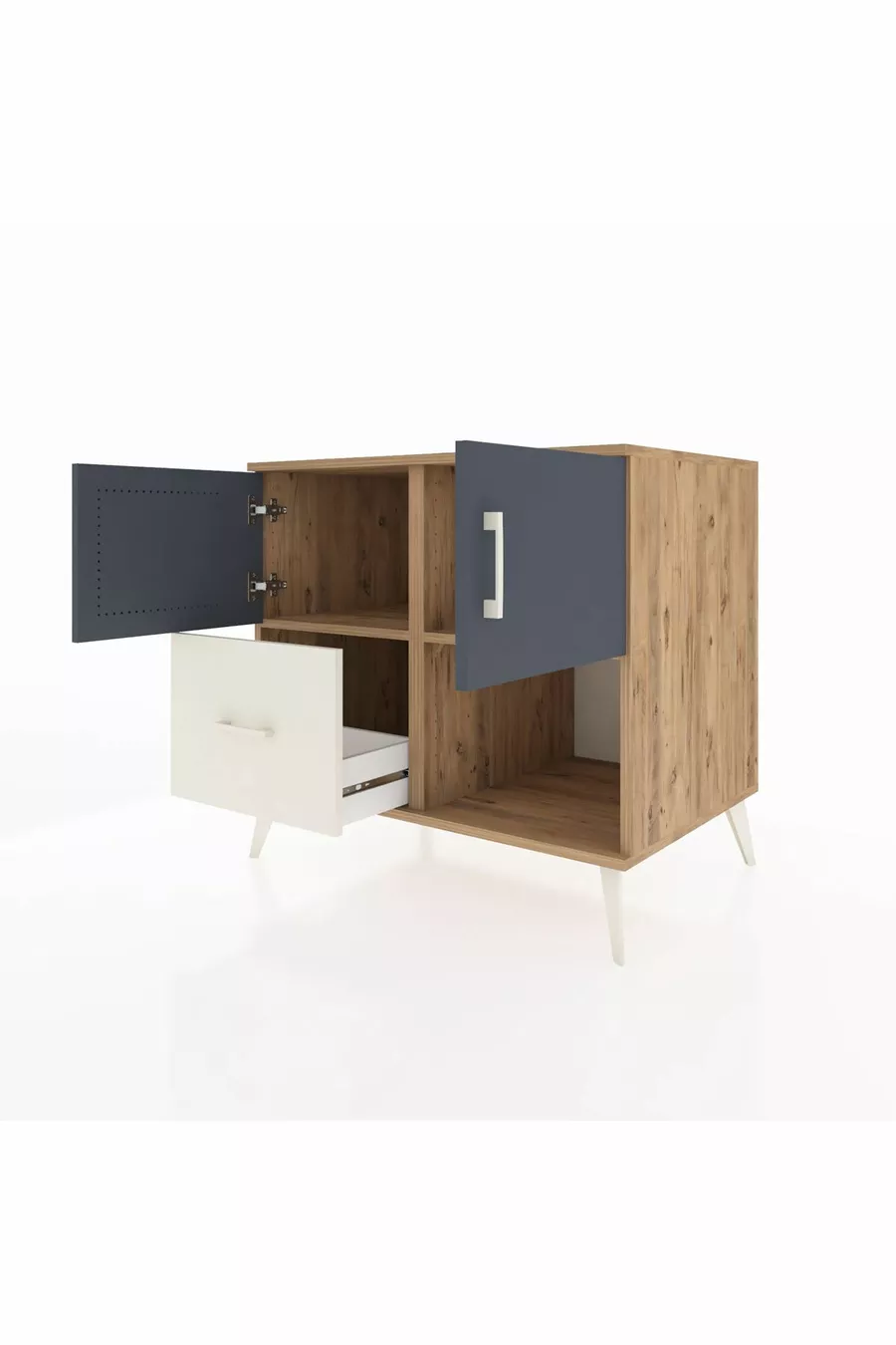 Commode Kronos avec 2 étagères, 1 tiroir, 2 portes, en pin anthracite/pierre de lune