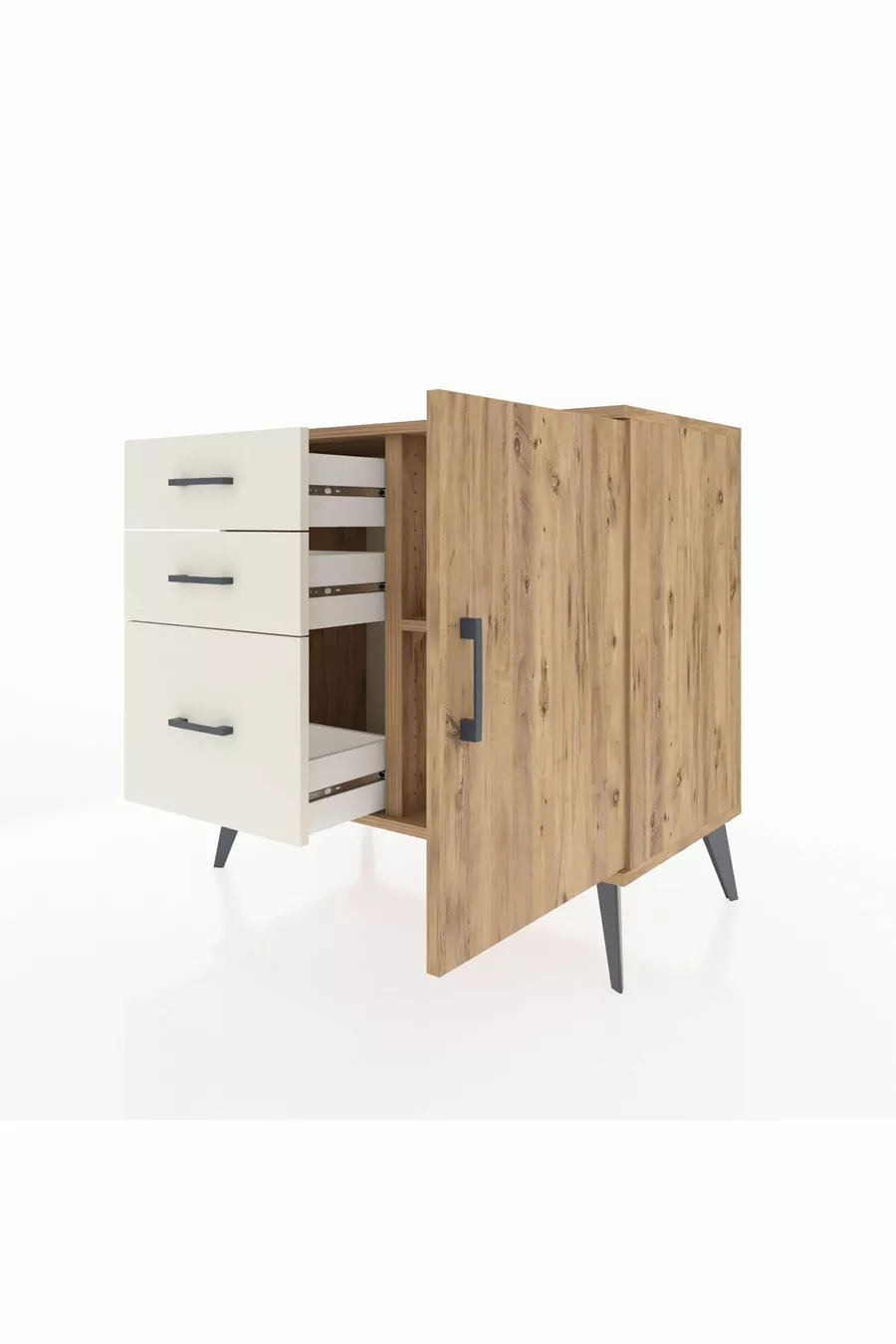 Hyperion Kommode mit einem Regal, 3 Schubladen und einer Tür, Kiefer-Kiefer/Granit