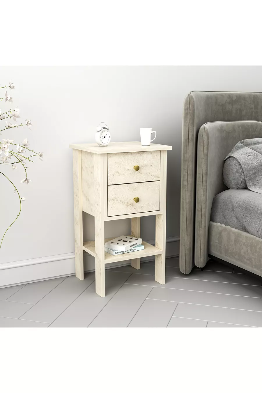 MANDOSI DOUBLE DRAWER NIGHTSTAND TRAVERTINE