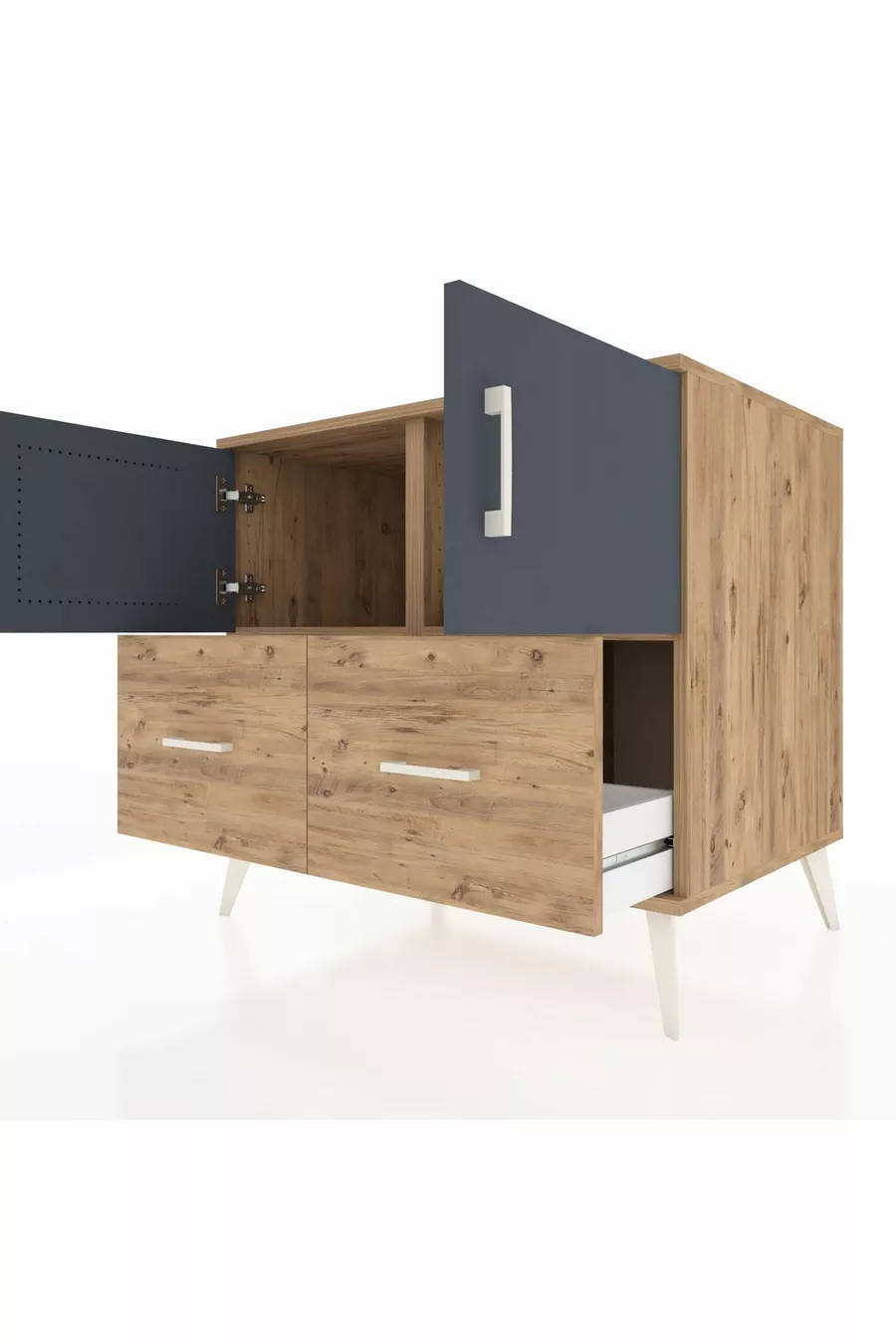 Commode Kronos avec 2 étagères, 2 tiroirs et 2 portes, Pin-Anthracite/Pin