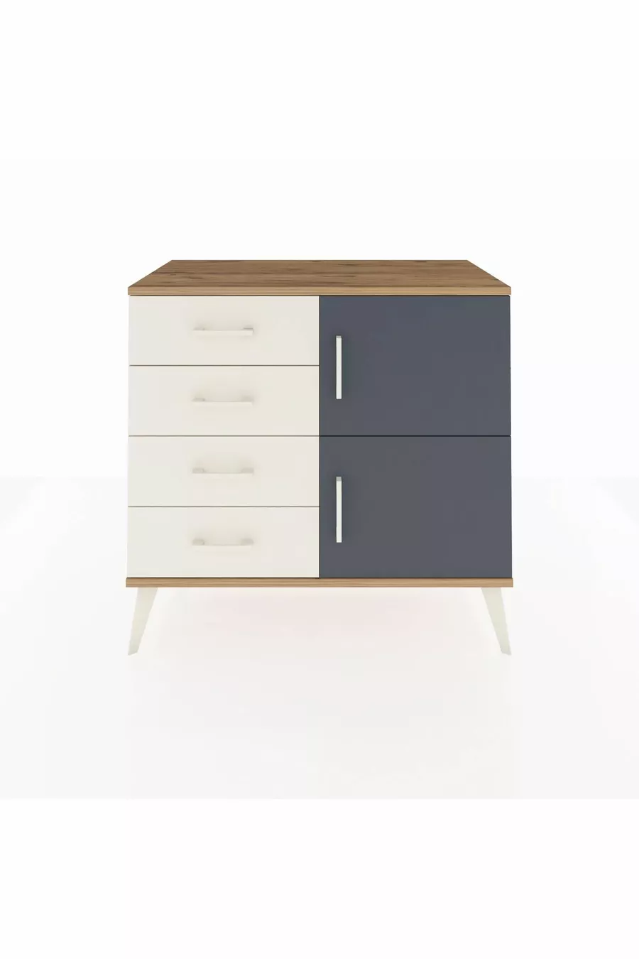 Commode Hyperion avec une seule étagère, 4 tiroirs et 2 portes, pin-anthracite/pierre de lune