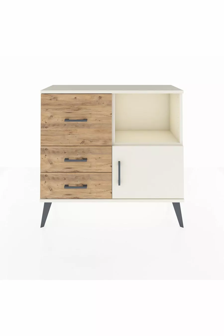 Commode Arges avec une seule étagère, 3 tiroirs et une porte, couleur Pierre de Lune/Pin