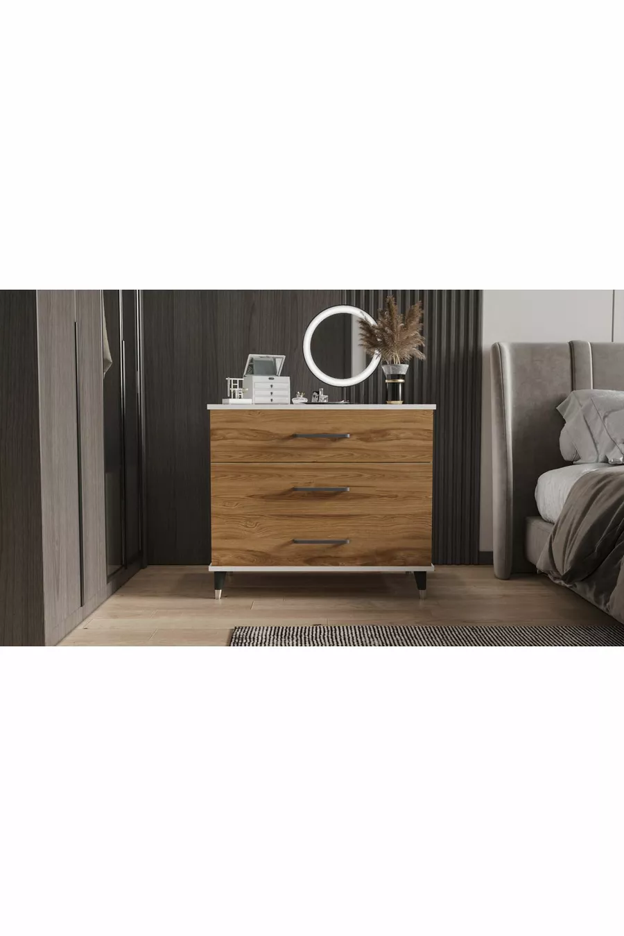 Commode à trois tiroirs (BLANC BRILLANT + BOIS FONCÉ)