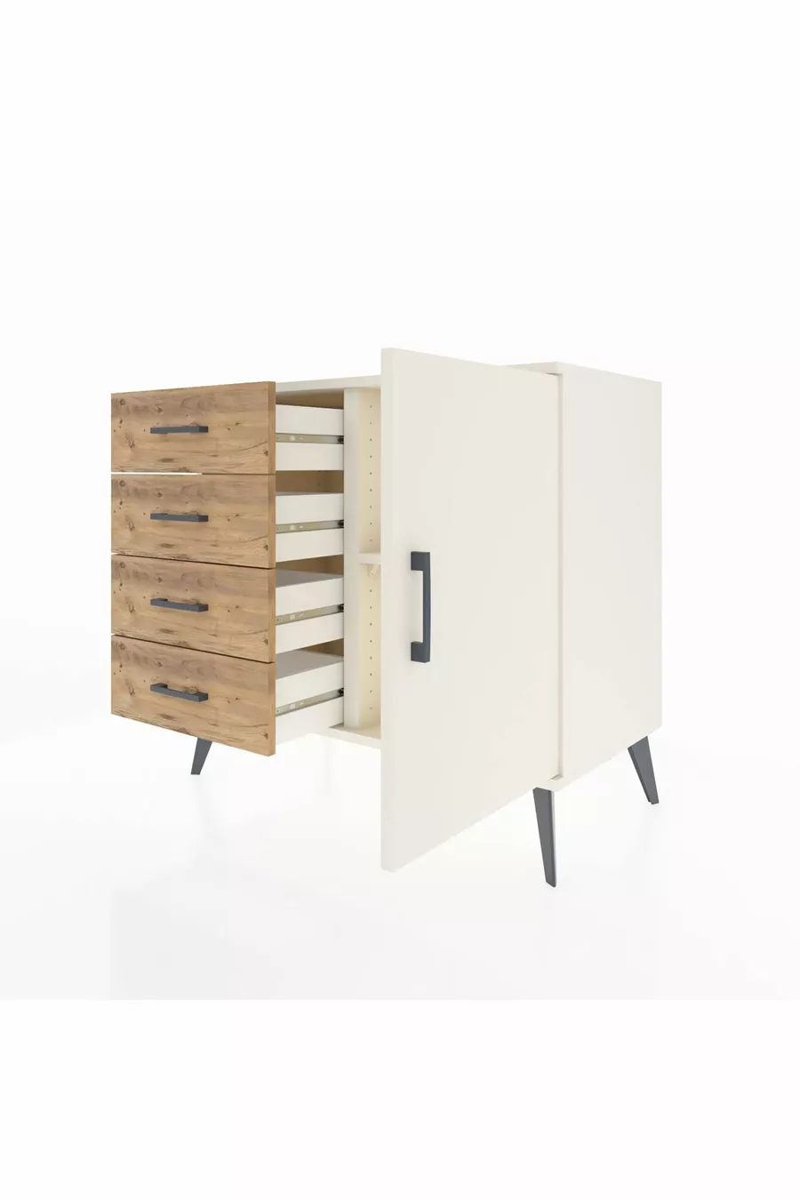 Commode Hyperion avec une seule étagère, 4 tiroirs et une porte, Pierre de Lune/Pins