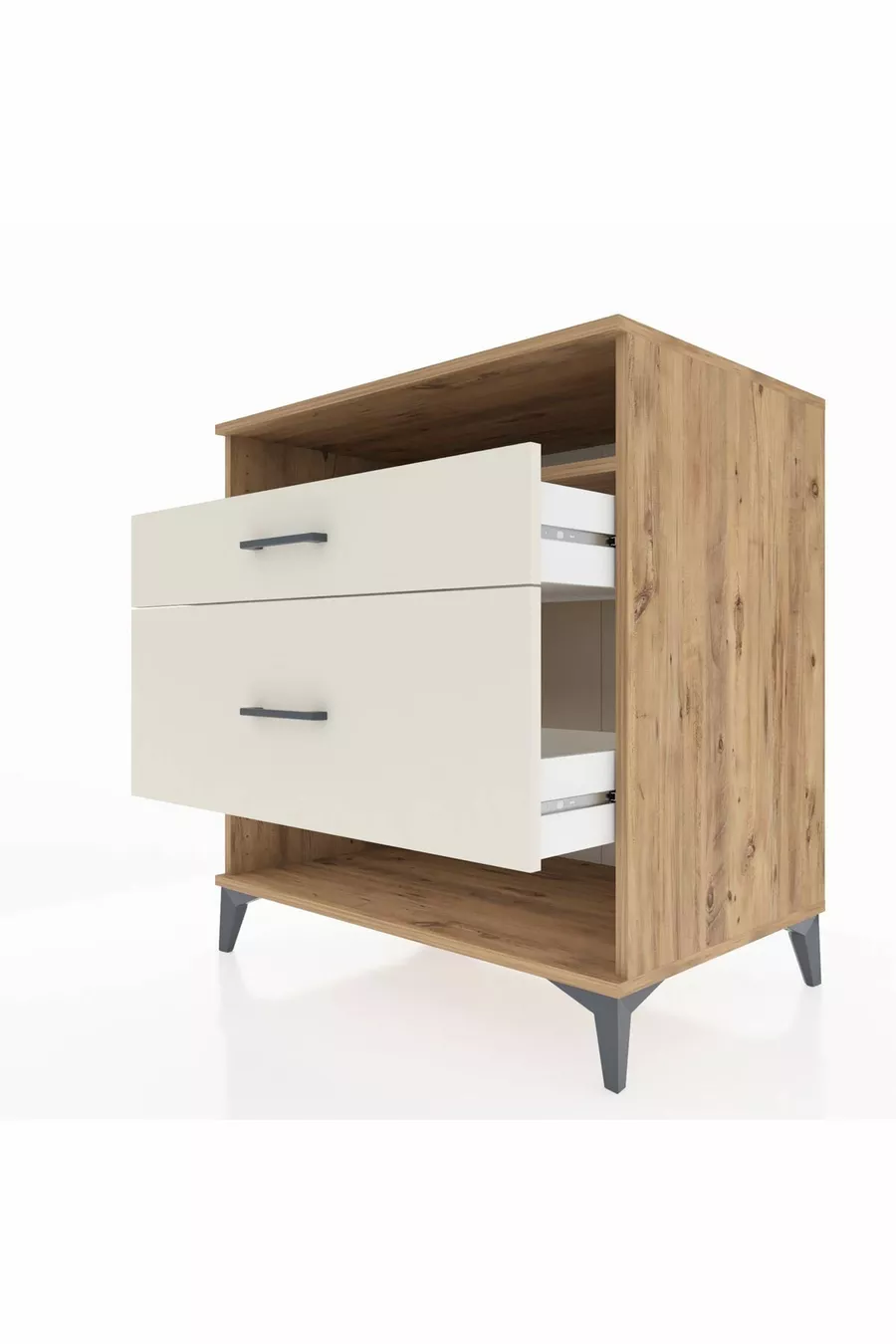 Commode Kronos à une étagère et 2 tiroirs en pin et pierre de lave