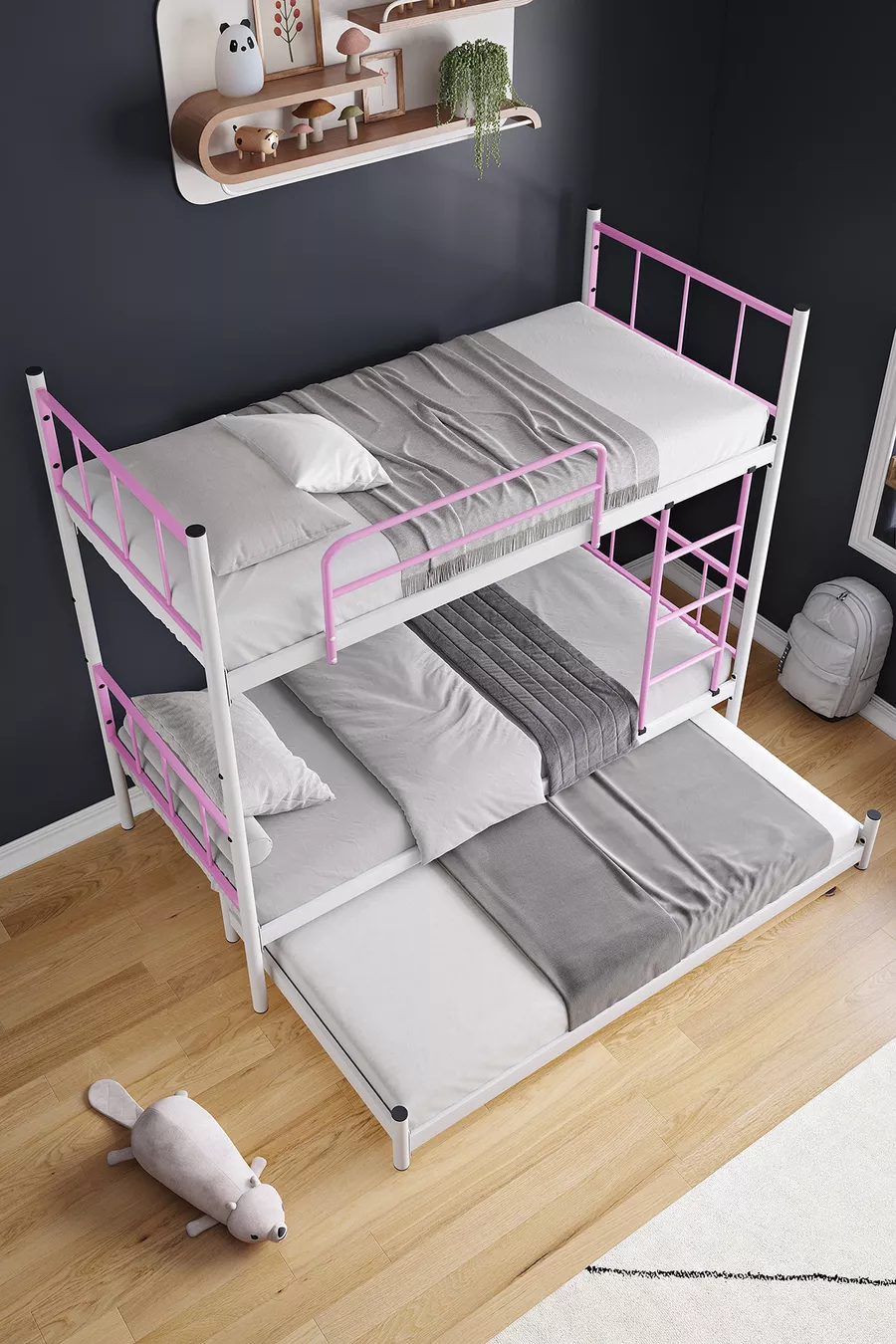 Letto a castello Tekno con cassetti, compatibile per 3 persone, colore rosa chiaro, in metallo