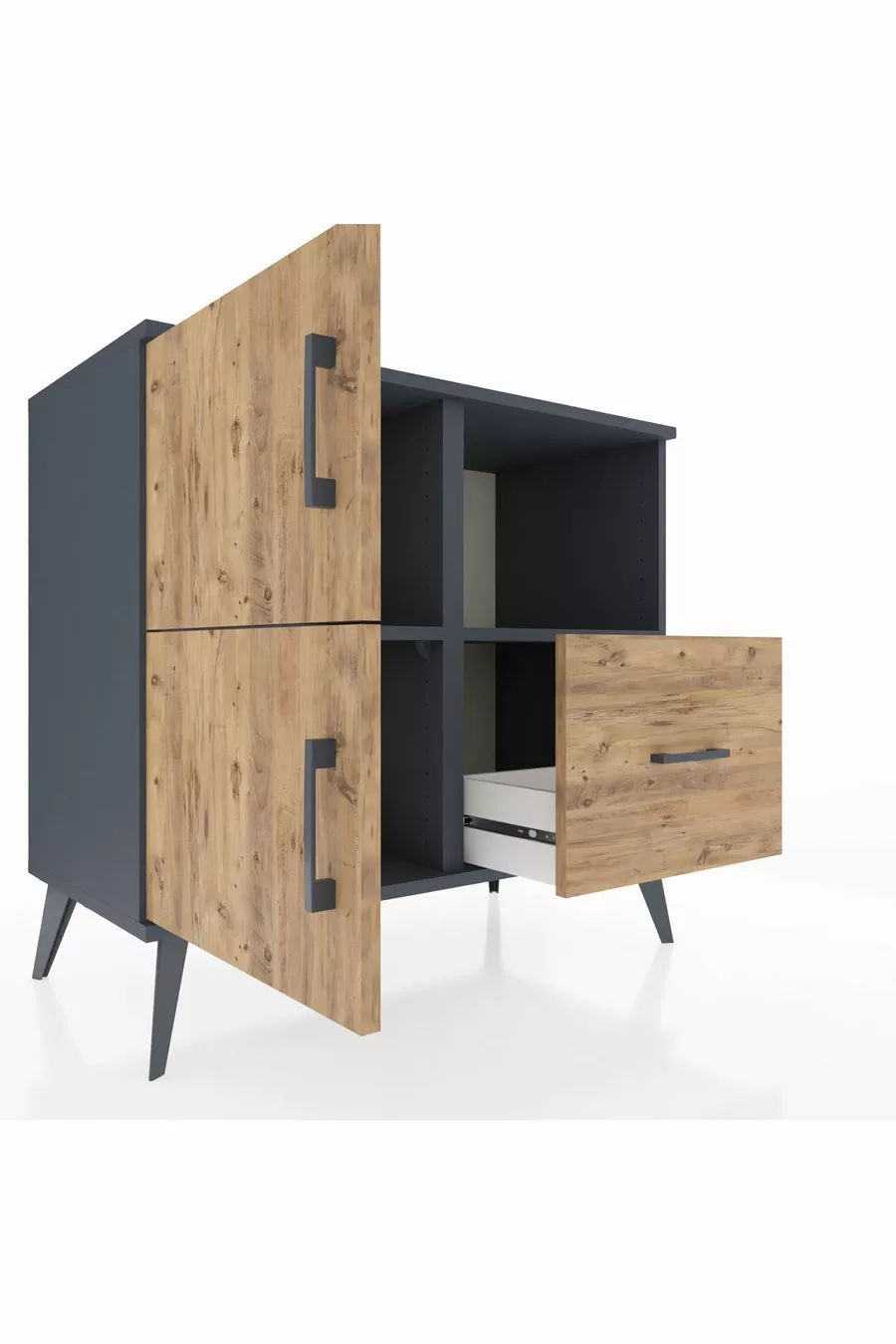Commode Hyperion 2 étagères 1 tiroir 2 portes Anthracite-Épicéa