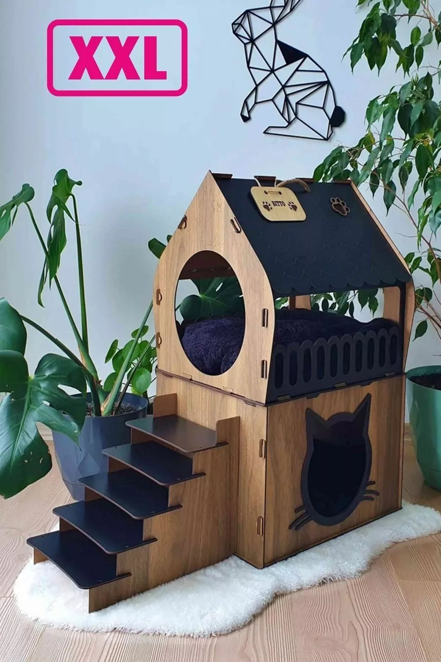 Maison pour chat en bois duplex avec terrasse XXL | Grande maison pour chat en MDF démontable |  cm | Kemençe - Noir