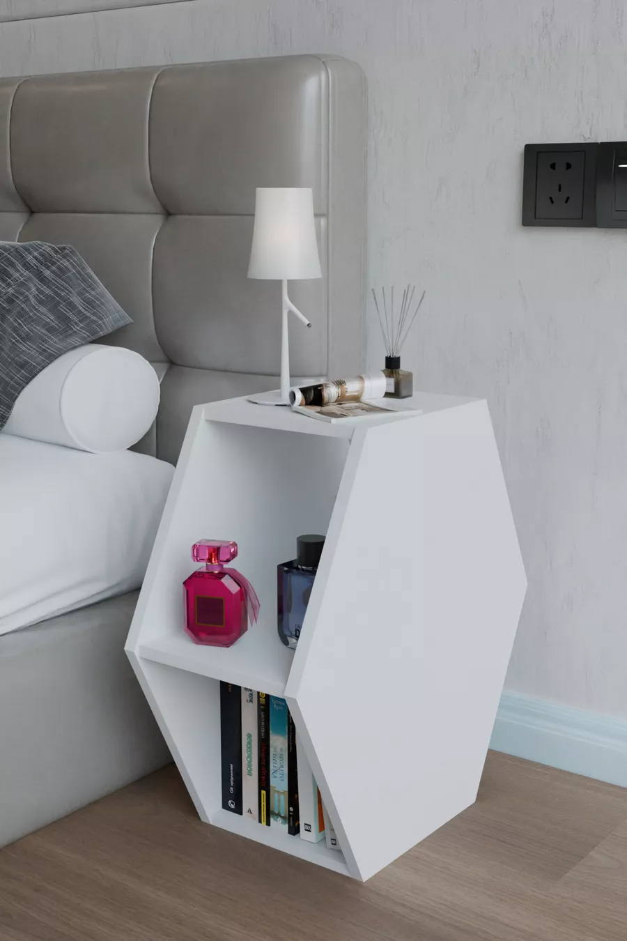 Comodino dal design esagonale, comodino moderno per camera da letto, libreria decorativa, comodino con ripiani